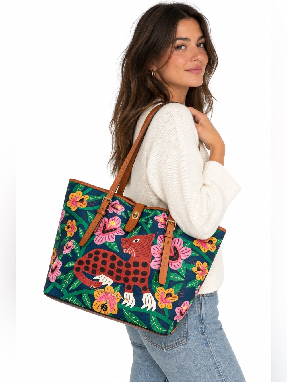 Dooney & Bourke Spotted Cat Floral Botanical Large Tote Bag Leather Trim